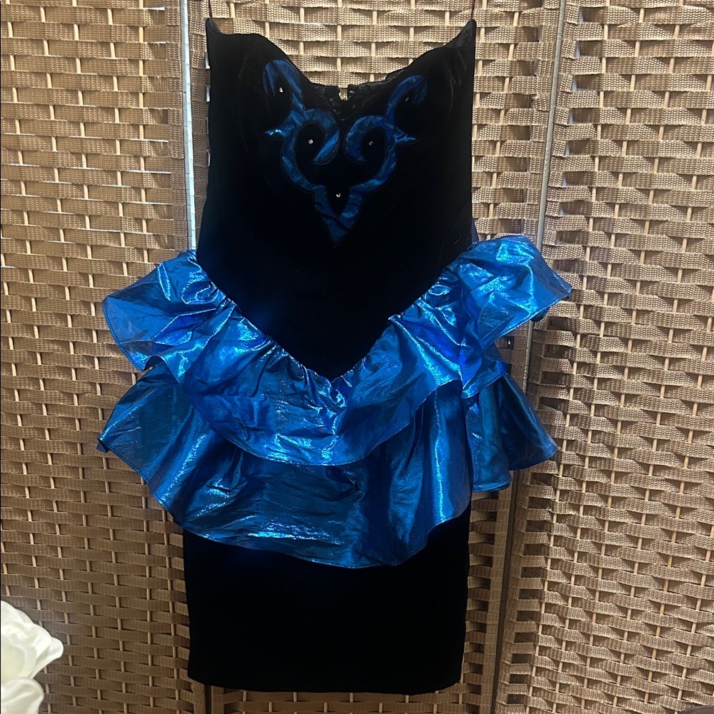 Zum Zum by Niki Livas Black Velvet Strapless Dress with Metallic Blue Ruffle